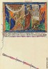 f. 16v, Der Engel leert seine R�ucherpfanne �ber der Erde aus; die erste Posaune: der Feuerregen �ber die Erde