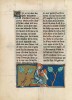 f. 28v, Der auf der Erde und dem Meer stehende Engel (Offenbarung 10, 1-7)