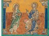 f. 9v, Auf dem Thron sitzender Evangelist Markus und stehender Zeuge