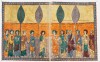 f.52v Prologo: in chiesa: ritratto degli apostoli dichiarando dove predicavano.
