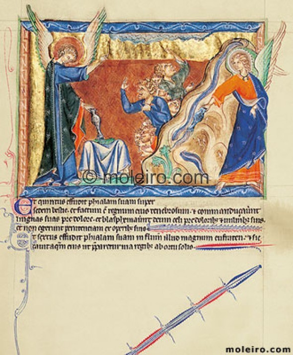 f. 55r, The fifth vial poured on the seat of the beast: the sixth vial poured on the Euphrates, Gulbenkian Apocalypse