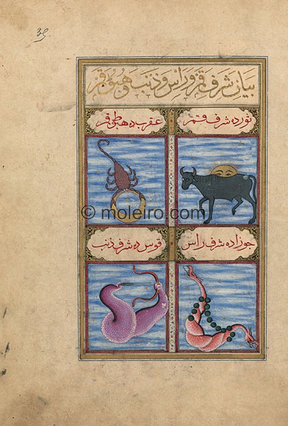 f. 35r, The exaltation of the Moon and of the Head and the Tail and the dejection of the Moon. These four consecutive pages deal...