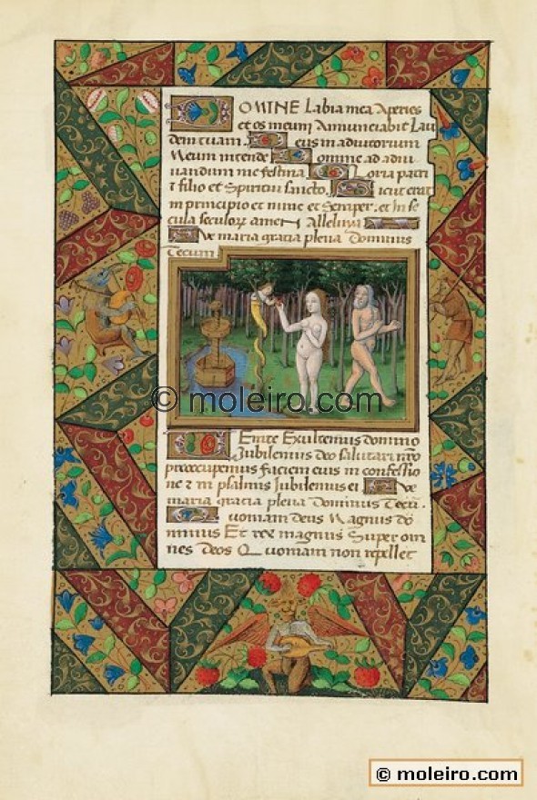 f. 12v. The serpent tempts Eve. This miniature comes at the beginning of Matins, between the invitatory and Psalm 94, &ldquo...