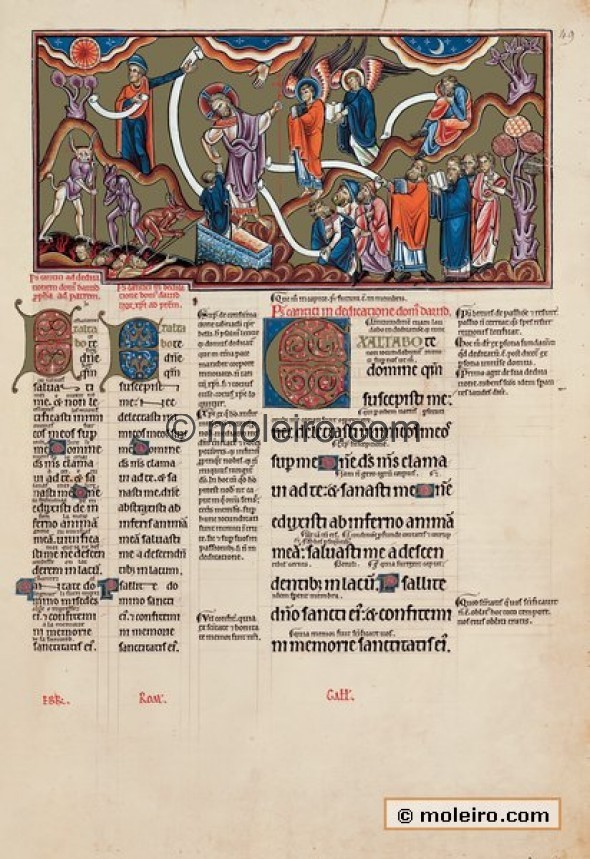 f. 49r, psalm 29 I will extol you Lord, for you have held me up. At the top, between the sun and moon, the hand of God is blessi...