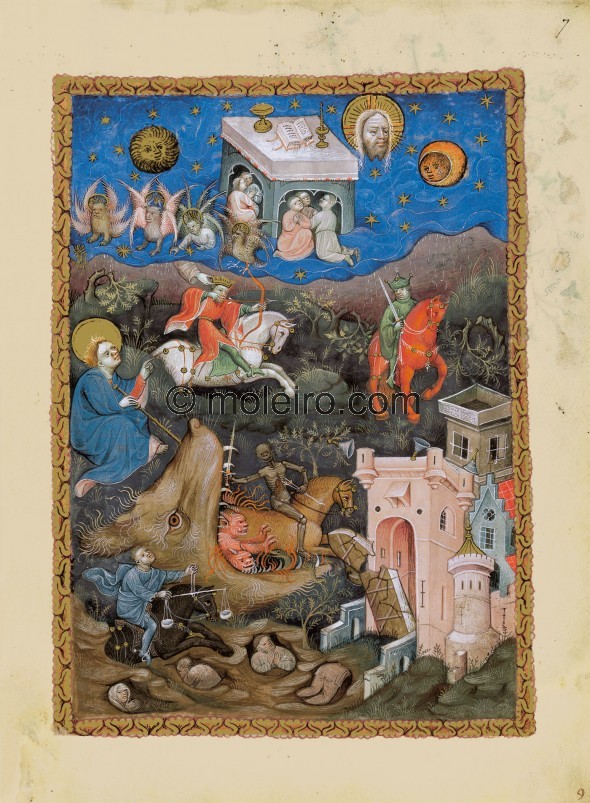 f. 7r, The Four Horsemen of the Apocalypse. John sits against the left frame while he watches the events of chapter 6 unfold bef...
