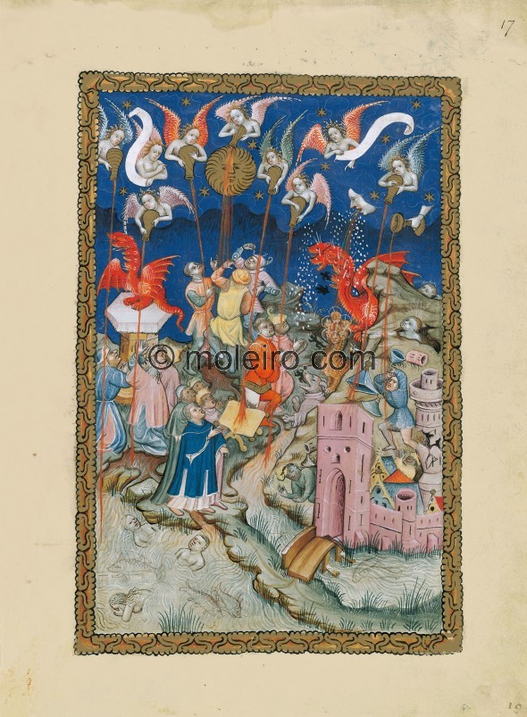 f. 17r, Die sieben Schalen und der Zorn Gottes werden &uuml;ber die Erde vergossen. Neun nackte Engelsb&uuml;sten schweb...