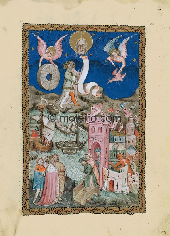 f. 21r, Der Fall Babylons. Ein Engel schreit, dass Babylon gefallen ist und dass es zum Zufluchtsort von D&auml;monen und ve...