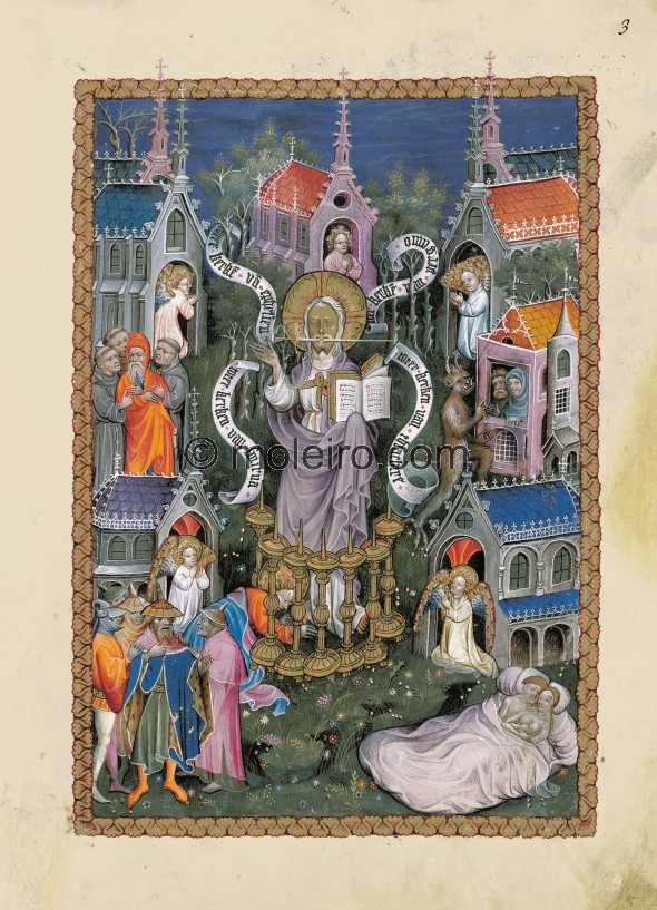 f. 3r, Briefe an die Gemeinden in Ephesus, Smyrna, Pergamon und Thyatira. Die Christus-Figur mit goldenem Angesicht und einen mi...