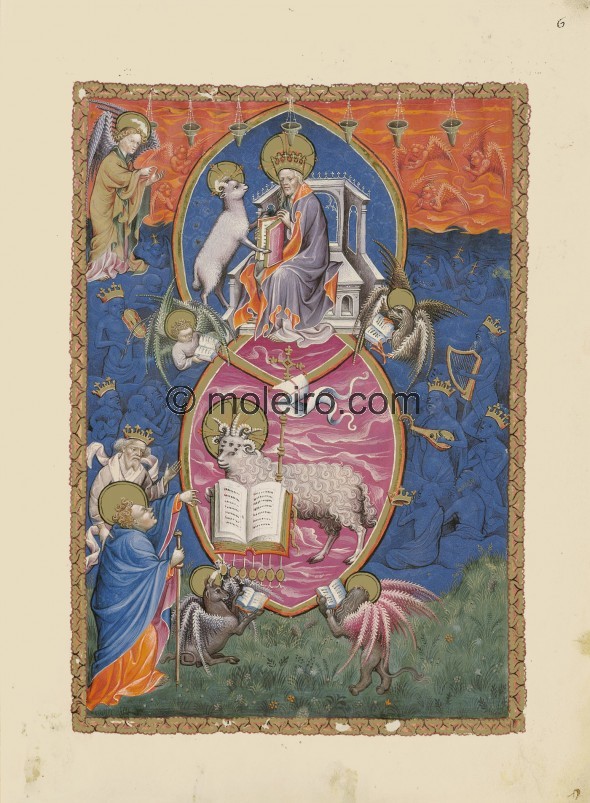 f. 6r, The sealed book and the Lamb. Two mandorlas, which partly overlap each other, dominate this page. God sits in the upper m...