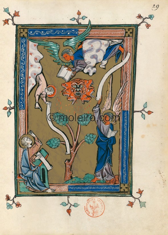 f. 29r, Der auf der Erde und dem Meer stehende Engel (Offb 10, 1-7), Apokalypse 1313