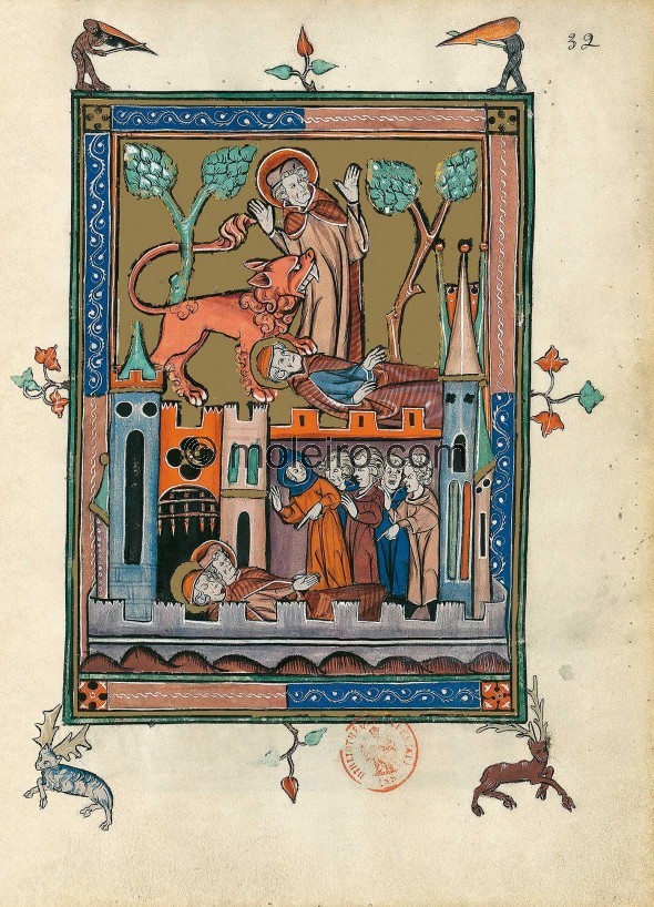 f. 32r, Tod der zwei M&auml;rtyrer (Offb 11, 7-11), Apokalypse 1313