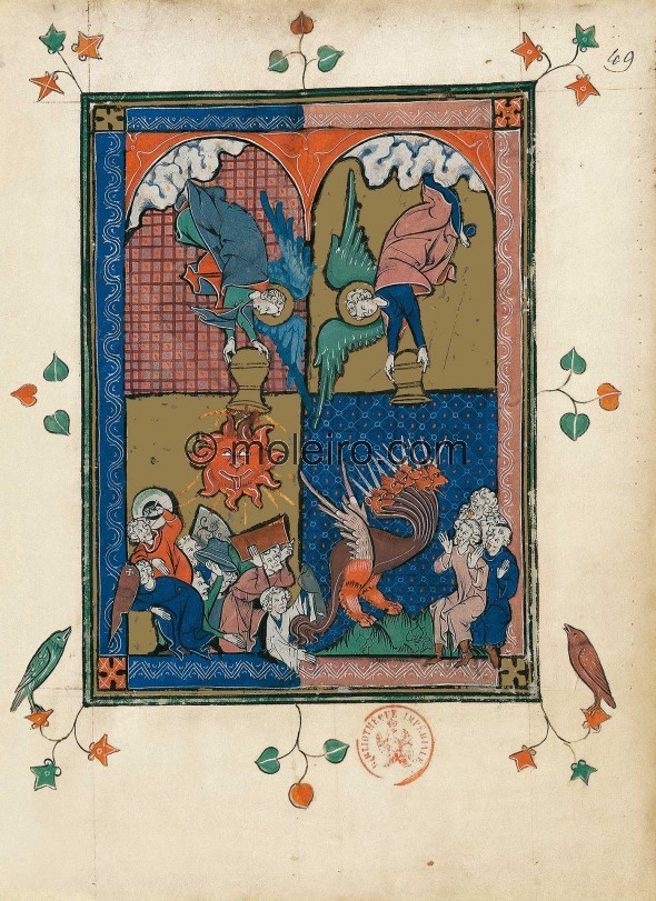 f. 49r, The fourth and fifth bowls (Ap. 16, 7-11). Still in a rather prostrated pose (f. 48v), John watches the progress of the ...