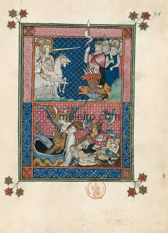 f. 71r, Continuation of the battle and capture of the Beast (Ap. 19, 19-21). The mounted, heavenly army led by the &ldquo;ho...