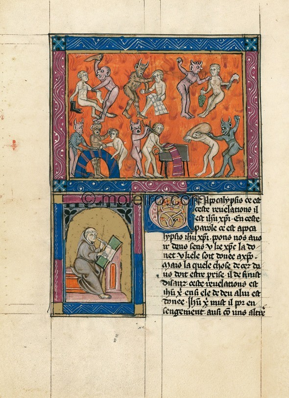 f. 87v, Die H&ouml;lle der Z&uuml;nfte (Fortsetzung), Portr&auml;t des Verfassers des Kommentars oder des &Uuml;bersetzers, Apok...