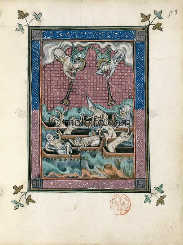 f. 73r, The first resurrection (Revelation 20: 4-6). Christ&rsquo;s faithful emerge from their graves, thrown up by the eart...
