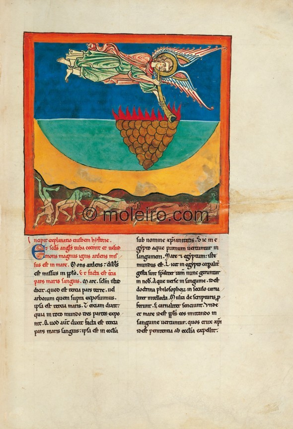f. 96r, The angel with the second trumpet: the burning mountain is cast into the sea. The square-shaped illustration, undoubtedl...