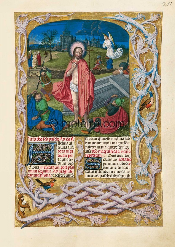 f. 211r, La R&eacute;surrection du Christ. Une miniature de vingt-quatre lignes sur la largeur de deux colonnes avec la R&ea...
