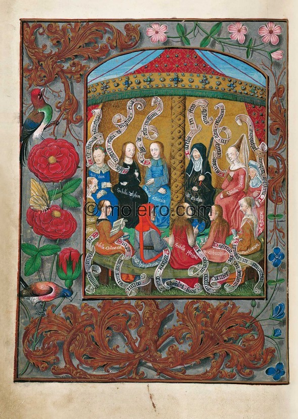 f. 8v, Les Douze Sibylles. Une miniature pleine page, &eacute;quivalant en hauteur &agrave; vingt-quatre lignes de texte...