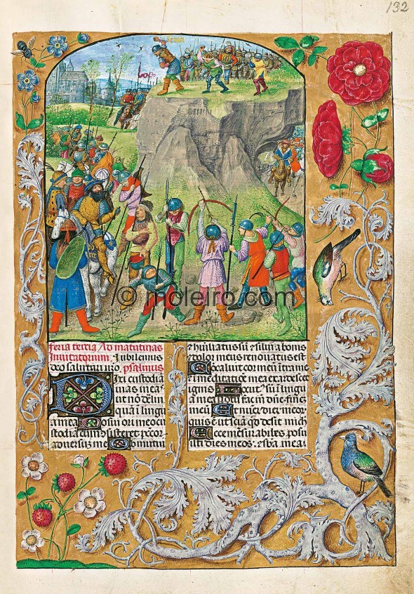 f. 132r, S&eacute;me&iuml; insultant David. Une miniature de vingt-quatre lignes sur la largeur des deux colonnes, montrant S&am...