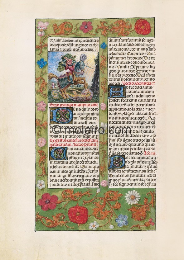 f. 363v, Jorge (23 de abril - s. XIX). Una miniatura enmarcada de doce renglones a una columna, de san Jorge luchando con el dra...