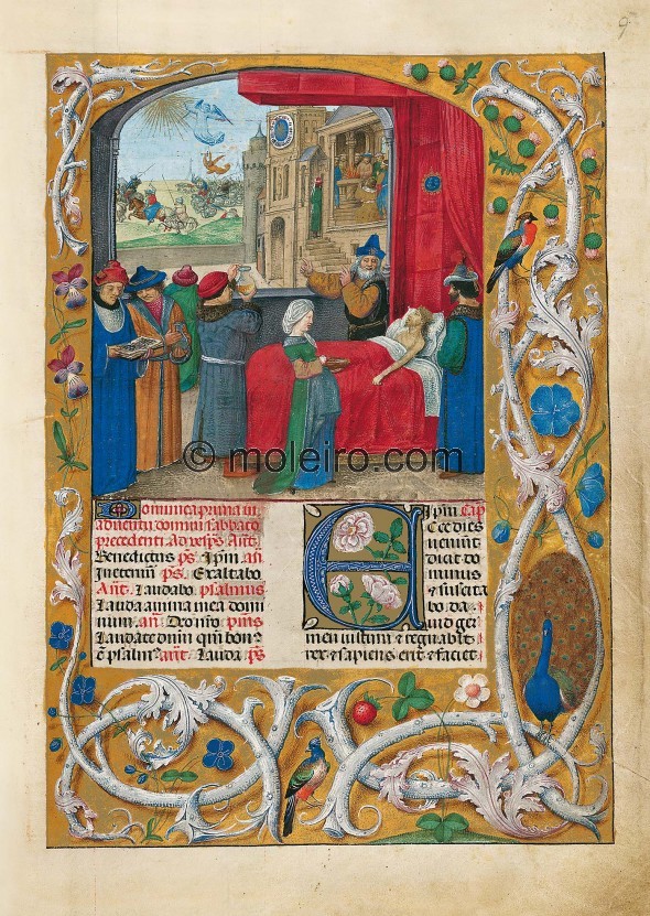 f. 9r, David sur son lit de mort. Une miniature de vingt-quatre lignes sur la largeur des deux colonnes de texte avec David sur ...