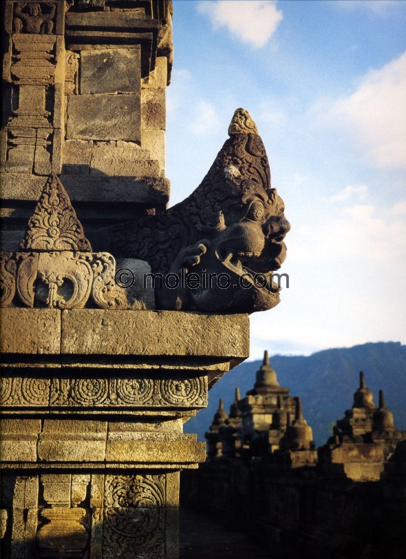 Borobudur. Fourth gallery, corner gargoyle on the fifth balustrade, Borobudur