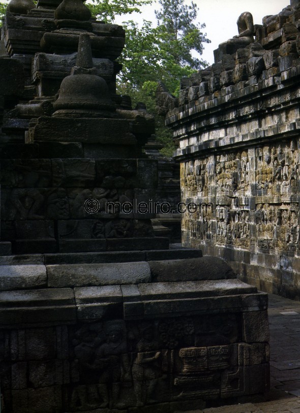 Borobudur. Muro oeste de la primera galer&iacute;a, del lado norte, mostrando los bajorrelieves que describen al futuro Buda rod...