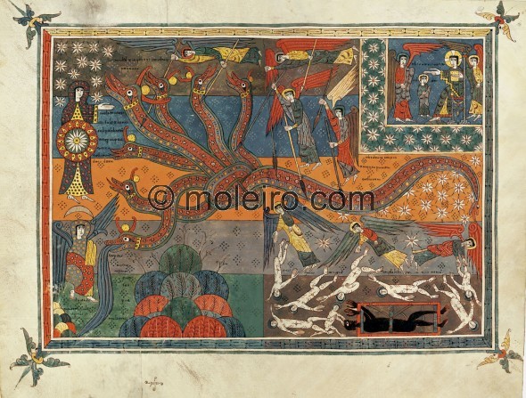 ff. 147v-148r, The battle between the serpent and the Son of the Woman. This is one of the most stunning compositions amongst th...