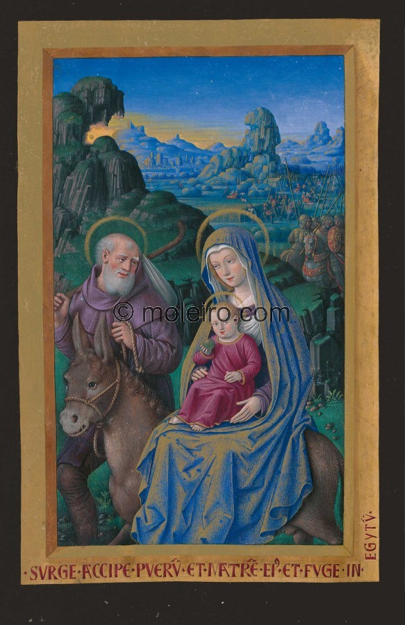 f. 76v, Die Flucht nach &Auml;gypten. Die ersten Lichtstrahlen des Morgengrauens beginnen gerade eine Felsenlandschaft aufzu...