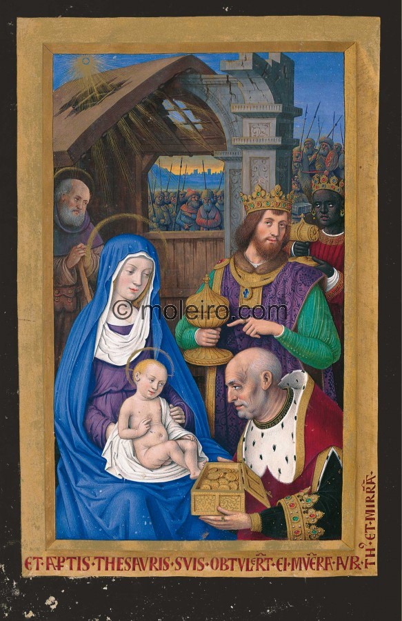 f. 64v, La adoraci&oacute;n de los Magos. El maestro Bourdichon ha representado el establo exactamente igual que en la pintu...