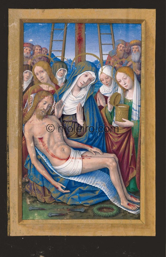 f. 2v, Das Beklagen des Leichnams Christi. Die Augen der Gottesmutter sind von dem Weinen und dem Schmerz angesichts des Todes i...