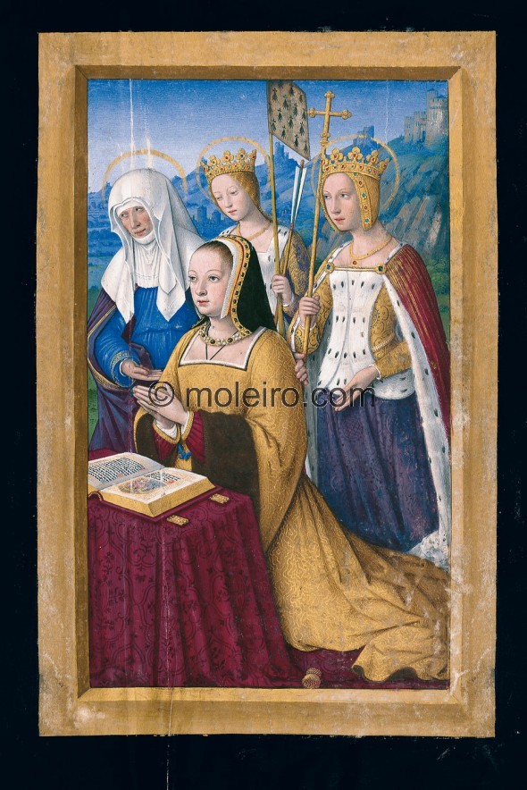 f. 3r, Ana de Breta&ntilde;a en oraci&oacute;n presentada por tres santas. Bordeada por un sencillo marco plano de oro, ...