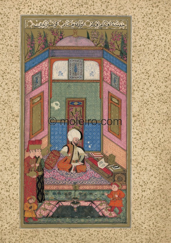 f.7v, El sult&aacute;n Murad III con el Libro de la Felicidad. La primera ilustraci&oacute;n del c&oacute;dice muest...