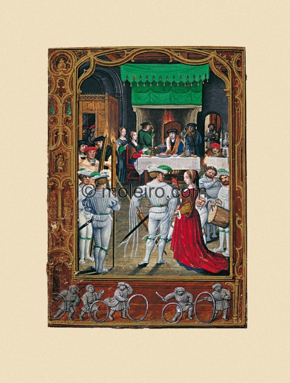 f. 19v, February, feast. The main miniature features an indoor scene with a noble couple sitting at a table in the foreground su...