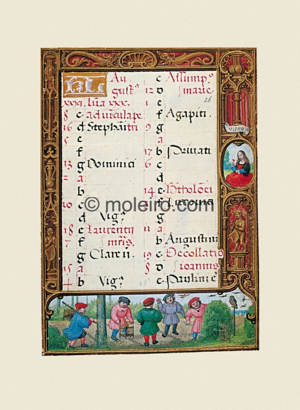 f. 26r, Calendar, august. The bottom border on f. 26r shows five children catching birds. Some carry them in cages, some are tak...