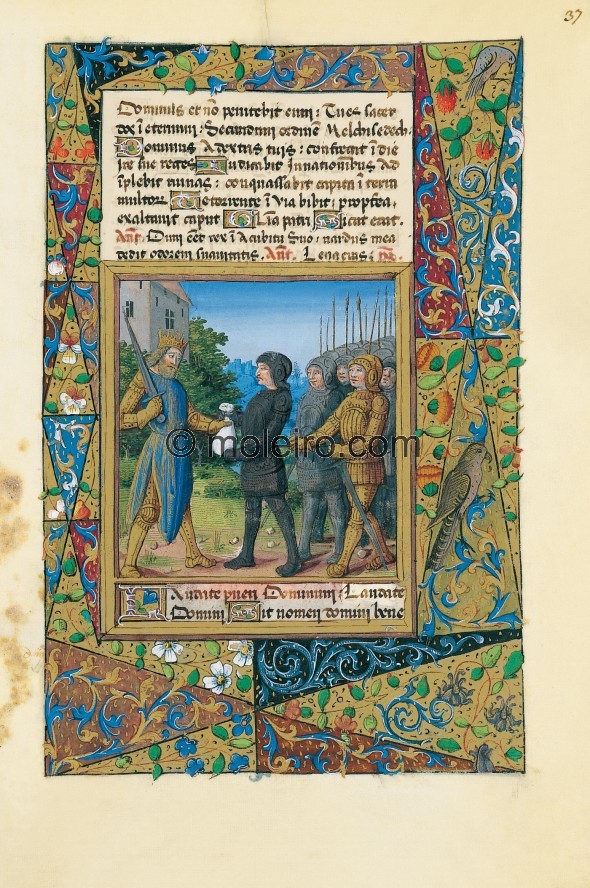 f. 37r, Eglon erh&auml;lt den Tribut von Ehud oder Ezequias zahlt Tribut an Sennacherim, Stundenbuch des Ludwig von Orleans