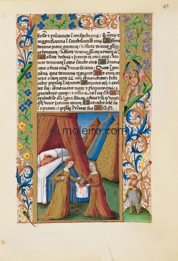 f. 47r, Judith gives her servant Holofernes&rsquo;s head. The scene is quite simple and shows a field with four tents, one o...