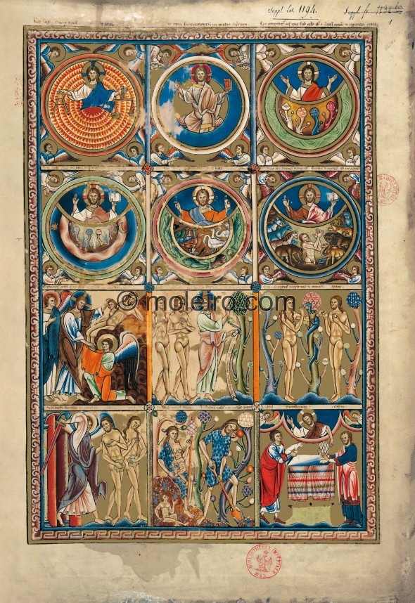 f. 1r, Scenes from the Old Testament: Genesis. God creating light: Fiat lux: dixit Deus, et facta est lux (Gen 1: 3); God creati...