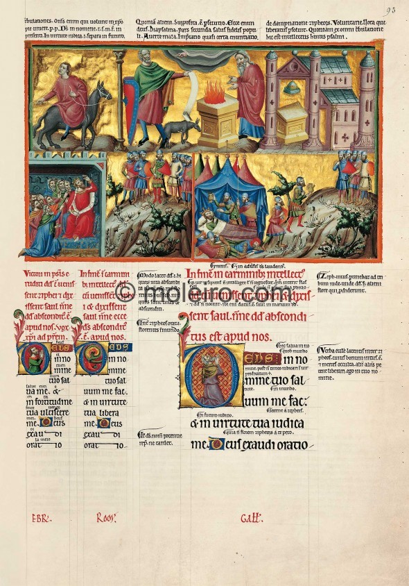 f. 93r, psalm 53. Save me, God, by your name. The illumination by the Catalan master stretches uninterruptedly from f. 93r to th...