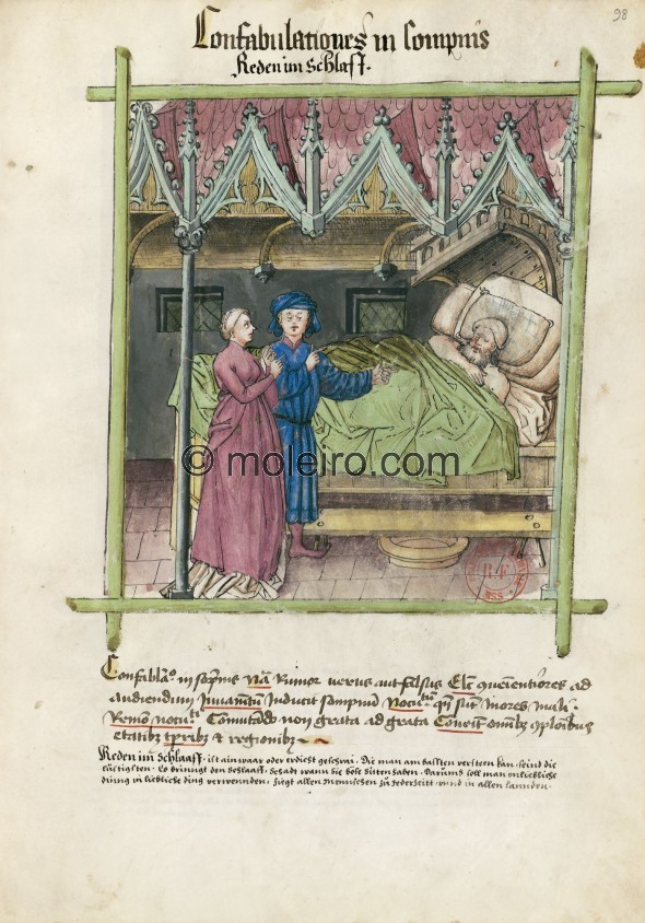 f. 98r, Reden im Schlaf. Conversations whilst asleep. Their nature consists of true or false rumours. Optimum: the easiest to he...