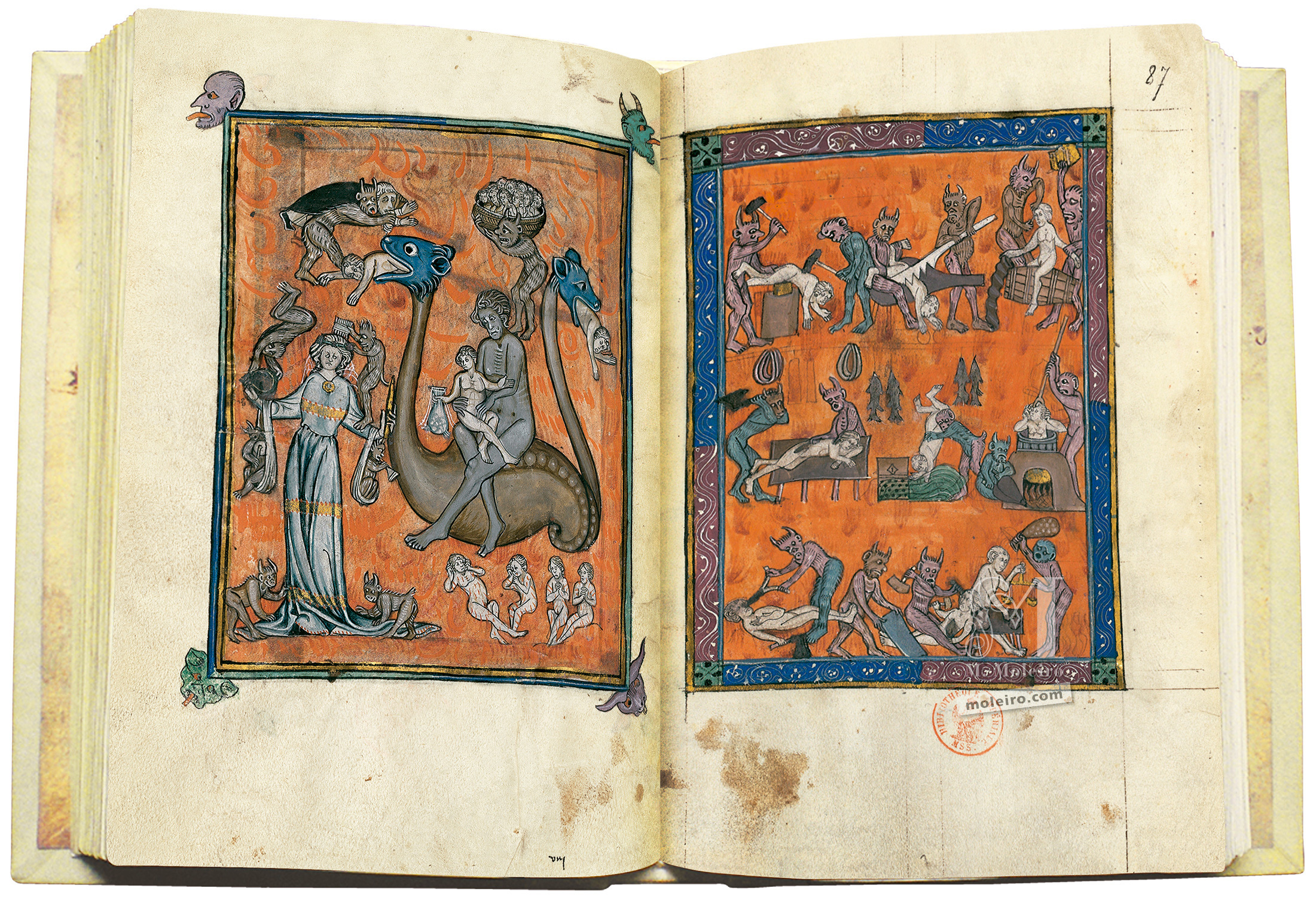 APOCALYPSE OF 1313, ff. 86v-87r: The Great Harlot in Hell and the Hell of Trades