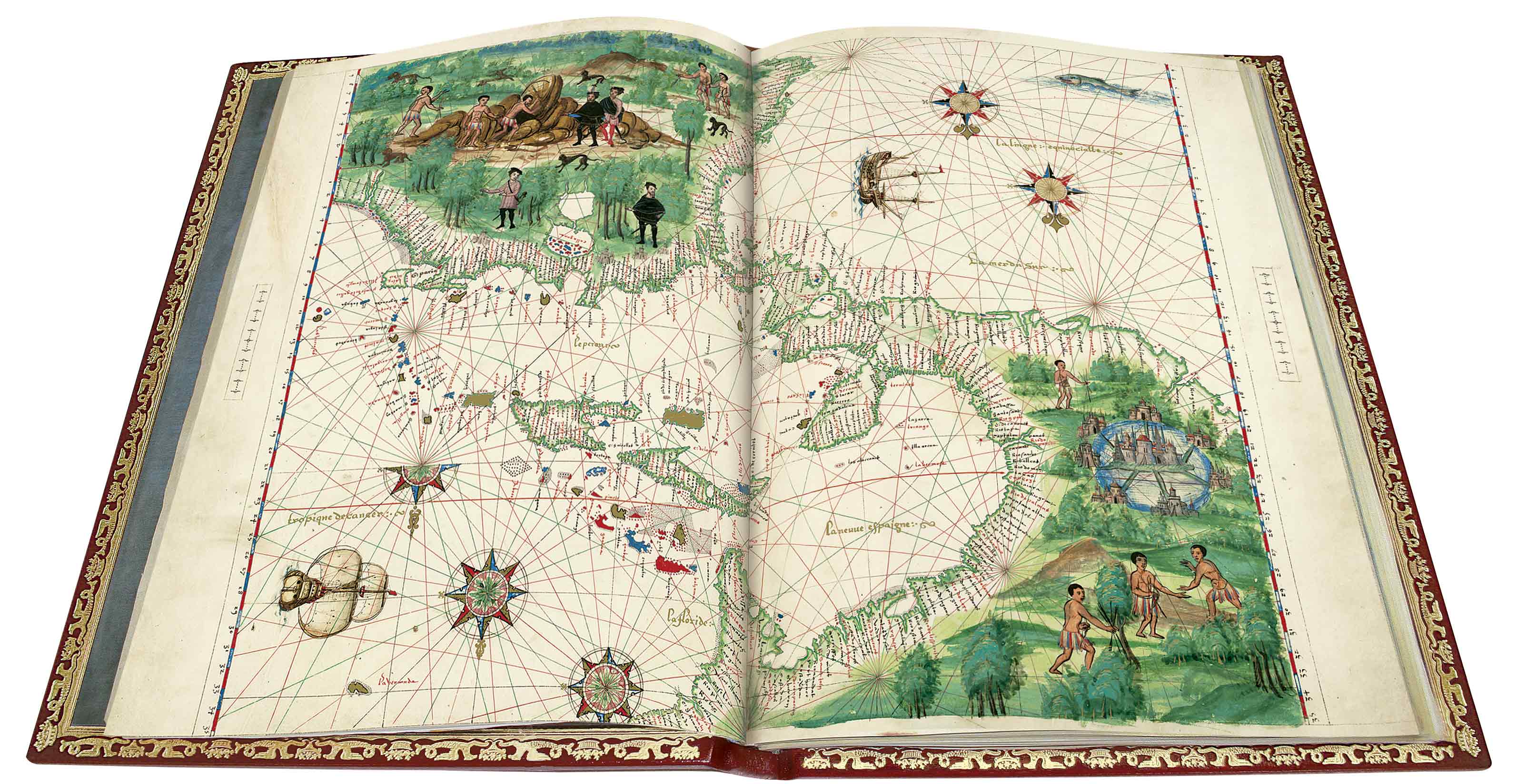 MANUSCRITO ABIERTO. Atlas Vallard, Centroamrica, 1547 (mapa orientado al Sur).